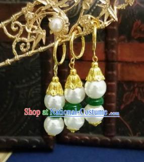 Chinese Ancient Pearls Earrings Qing Dynasty Manchu Palace Lady Three Strings Ear Accessories for Women