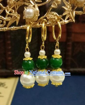 Chinese Ancient Green Pearls Earrings Qing Dynasty Manchu Palace Lady Three Strings Ear Accessories for Women