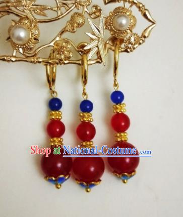 Chinese Ancient Three Strings Red Beads Earrings Qing Dynasty Manchu Palace Lady Ear Accessories for Women