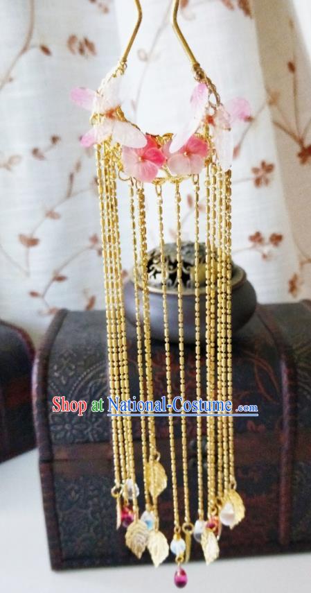 Chinese Ancient Qing Dynasty Hair Accessories Palace Pink Flowers Golden Tassel Hairpins for Women