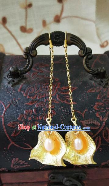 Chinese Ancient Pearls Golden Earrings Qing Dynasty Manchu Palace Lady Ear Accessories for Women