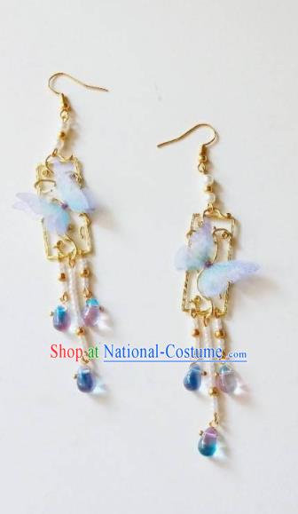 Chinese Ancient Blue Butterfly Earrings Qing Dynasty Manchu Palace Lady Ear Accessories for Women