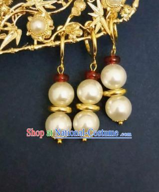 Chinese Ancient Pearls Earrings Qing Dynasty Manchu Palace Lady Three Strings Ear Accessories for Women