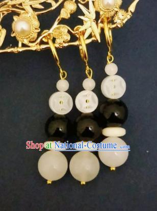 Chinese Ancient White and Black Beads Earrings Qing Dynasty Manchu Palace Lady Three Strings Ear Accessories for Women