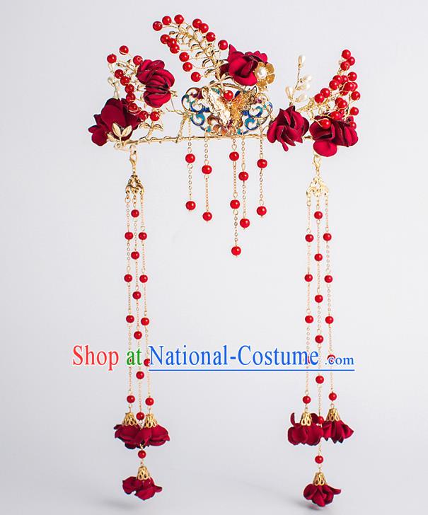 Chinese Traditional Wedding Bride Red Rose Phoenix Coronet Ancient Hair Accessories Hairpins for Women