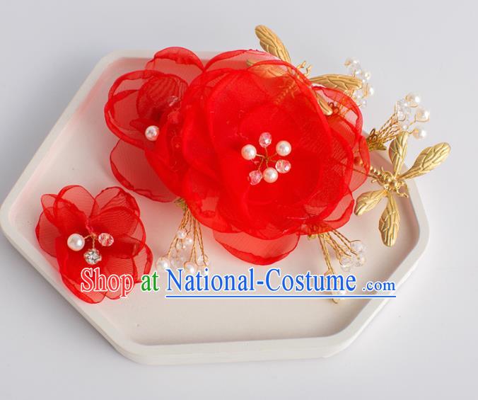 Top Grade Chinese Bride Wedding Hair Accessories Red Silk Rose Hair Stick for Women