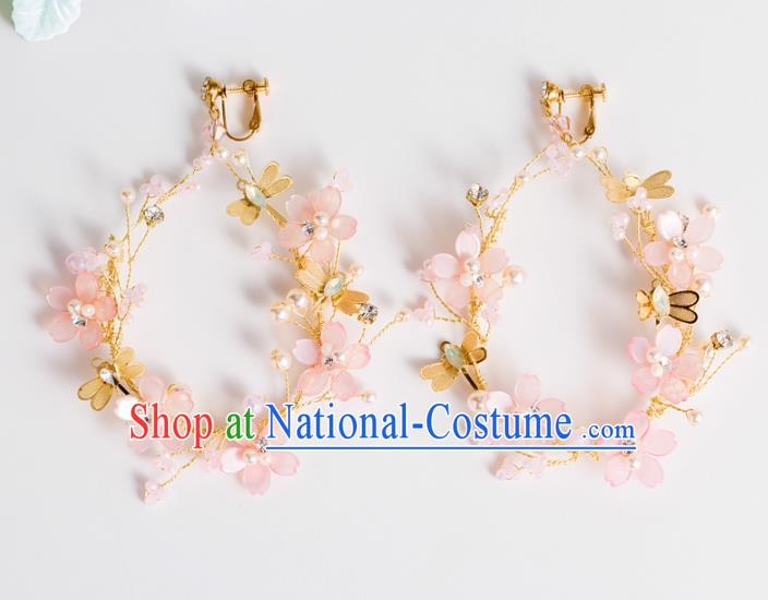 Top Grade Chinese Bride Wedding Accessories Pink Flowers Earrings for Women