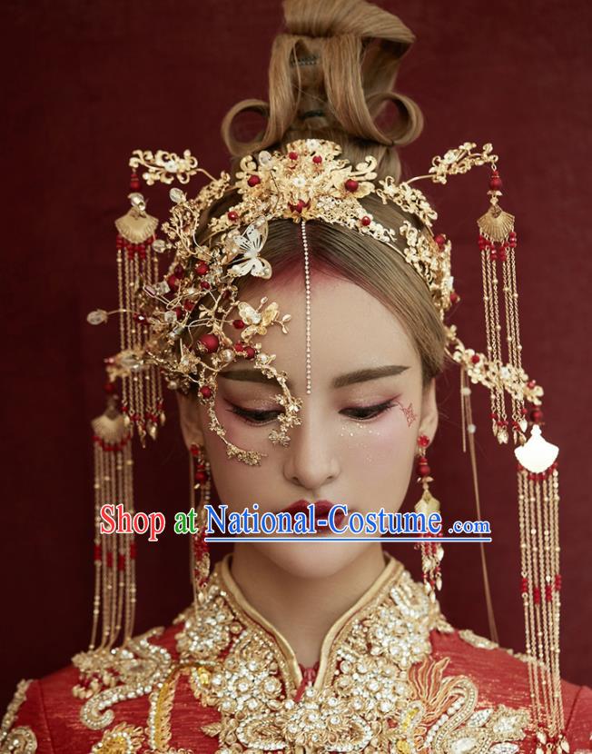 Chinese Traditional Wedding Bride Hair Accessories Ancient Tassel Phoenix Coronet Hairpins for Women