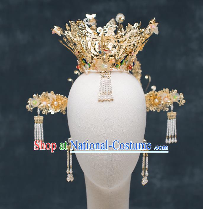 Chinese Traditional Wedding Bride Golden Phoenix Coronet Hair Accessories Ancient Hairpins for Women