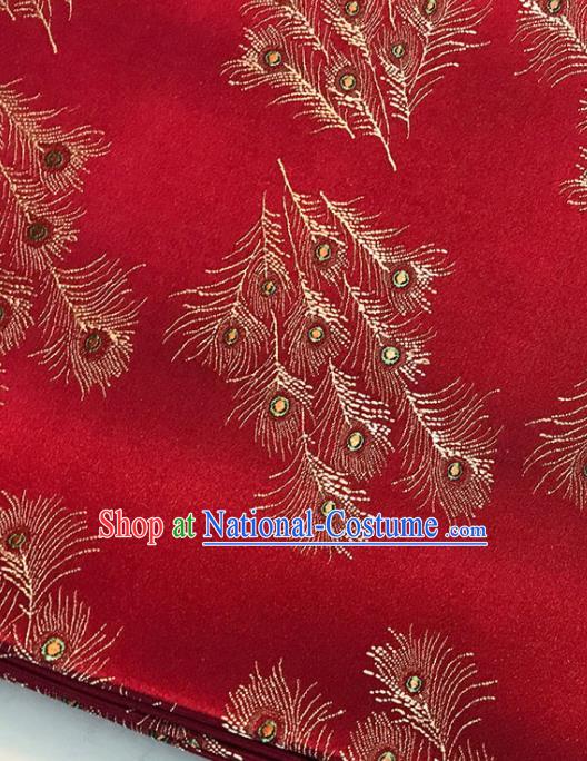 Asian Chinese Traditional Cheongsam Feather Pattern Red Brocade Fabric Silk Fabric Chinese Fabric Material