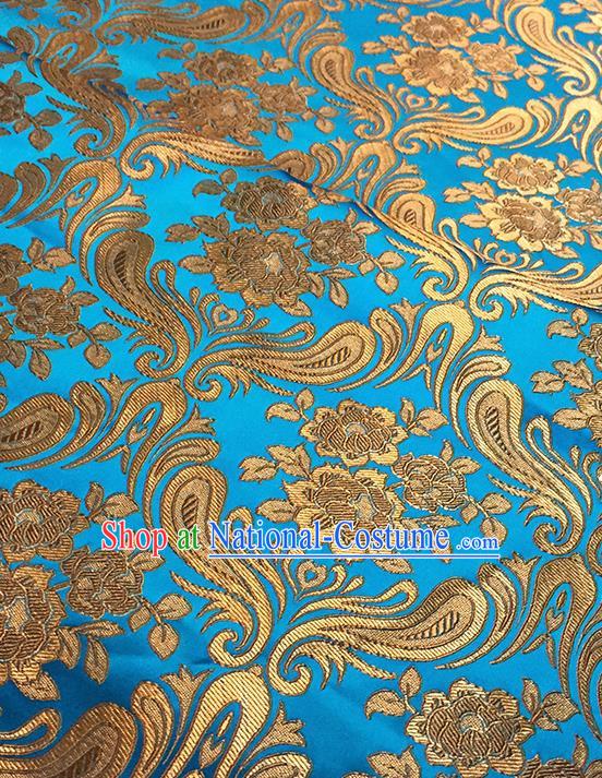 Asian Chinese Blue Brocade Traditional Peony Pattern Fabric Silk Fabric Chinese Fabric Material