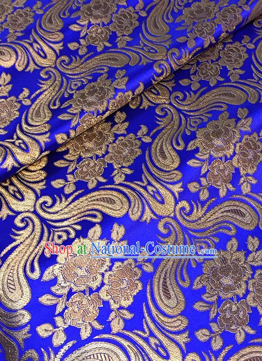 Asian Chinese Royalblue Brocade Traditional Peony Pattern Fabric Silk Fabric Chinese Fabric Material