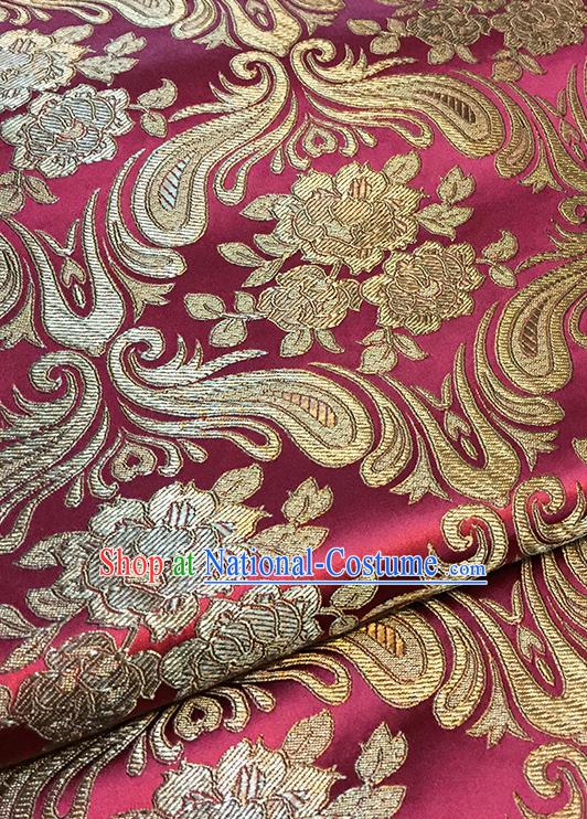 Asian Chinese Wine Red Brocade Traditional Peony Pattern Fabric Silk Fabric Chinese Fabric Material