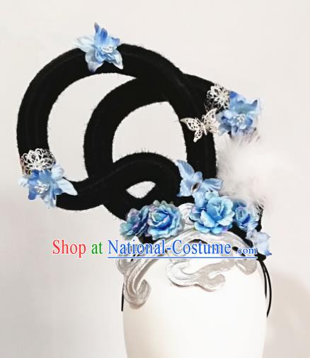 Chinese Traditional Beijing Opera Diva Hair Accessories Classical Dance Wig and Blue Flowers Headwear for Women