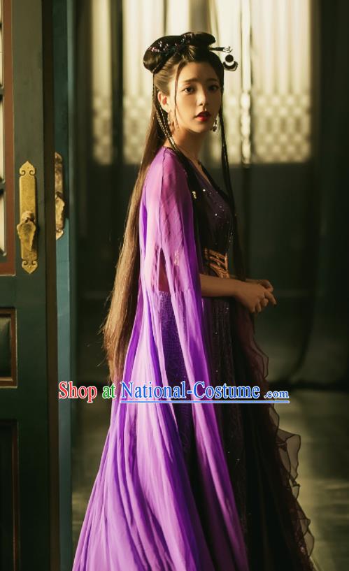 Chinese Ancient Peri Costume Traditional Princess Purple Dress for Women