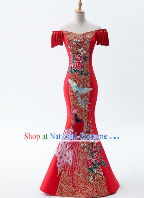 Chinese Traditional National Cheongsam Compere Costume Mermaid Red Full Dress for Women