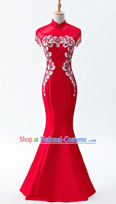 Chinese Traditional National Wedding Cheongsam Compere Chorus Costume Red Full Dress for Women