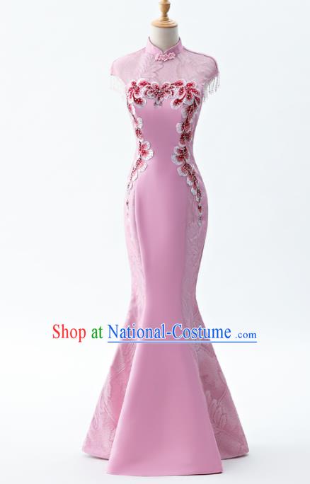 Chinese Traditional National Wedding Cheongsam Compere Chorus Costume Pink Full Dress for Women