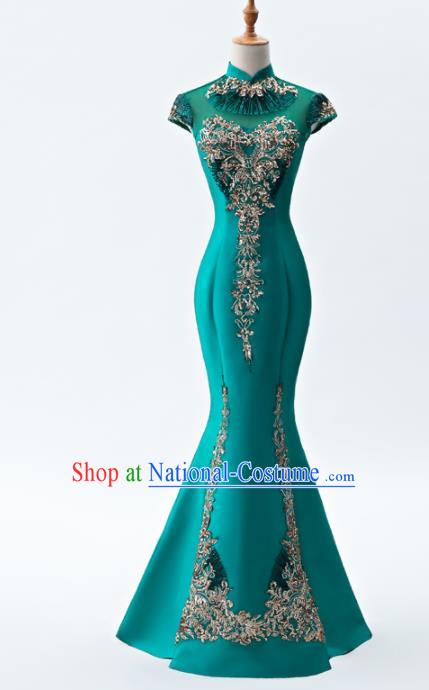 Chinese Traditional National Wedding Cheongsam Compere Chorus Costume Green Full Dress for Women