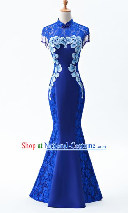 Chinese Traditional National Wedding Cheongsam Compere Chorus Costume Royalblue Full Dress for Women