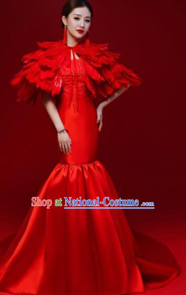 Top Grade Red Feather Mermaid Full Dress Compere Chorus Costume for Women