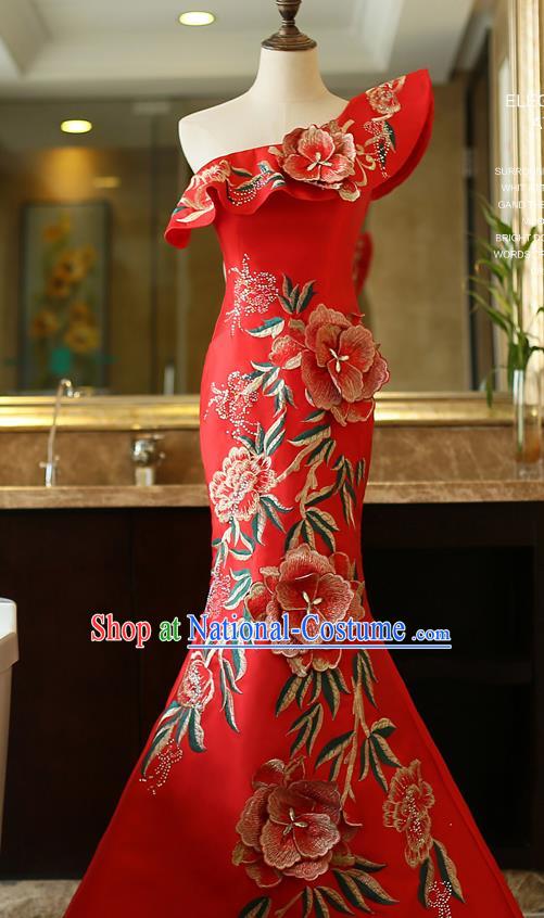 Top Grade Catwalks Embroidered Red Full Dress Compere Chorus Costume for Women