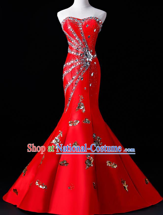 Top Grade Catwalks Sequins Red Full Dress Compere Chorus Costume for Women