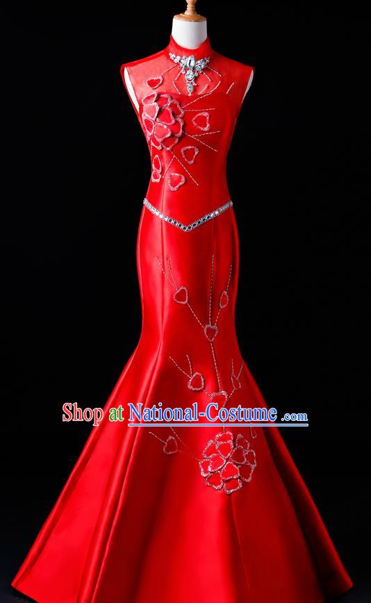 Top Grade Catwalks Diamante Red Full Dress Compere Chorus Costume for Women