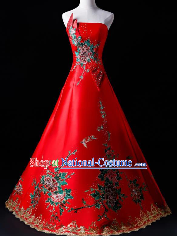 Top Grade Catwalks Red Strapless Full Dress Compere Chorus Costume for Women