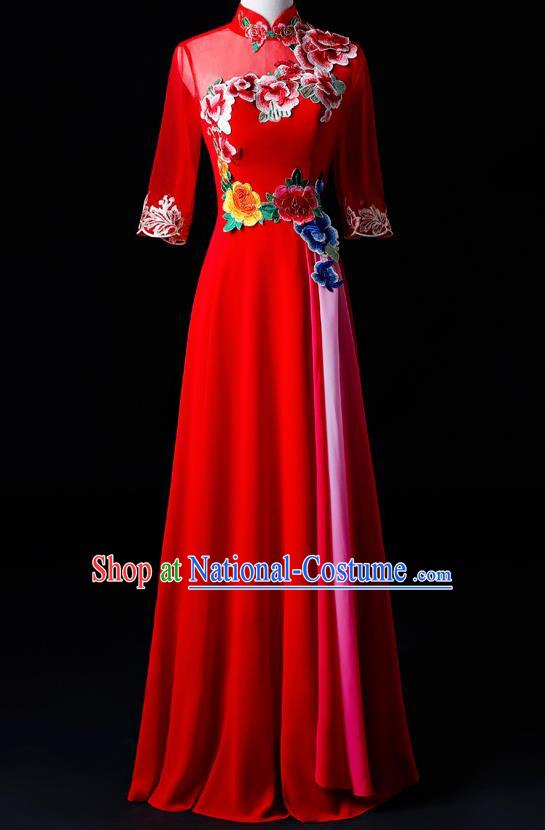 Chinese Traditional National Red Cheongsam Compere Chorus Costume Folk Dance Full Dress for Women