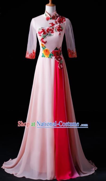 Chinese Traditional National Pink Cheongsam Compere Chorus Costume Folk Dance Full Dress for Women