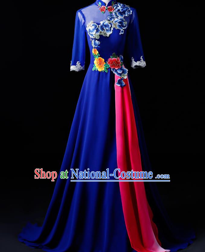 Chinese Traditional National Royalblue Cheongsam Compere Chorus Costume Folk Dance Full Dress for Women