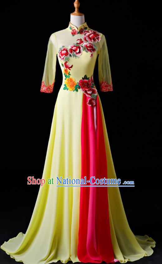 Chinese Traditional National Yellow Cheongsam Compere Chorus Costume Folk Dance Full Dress for Women