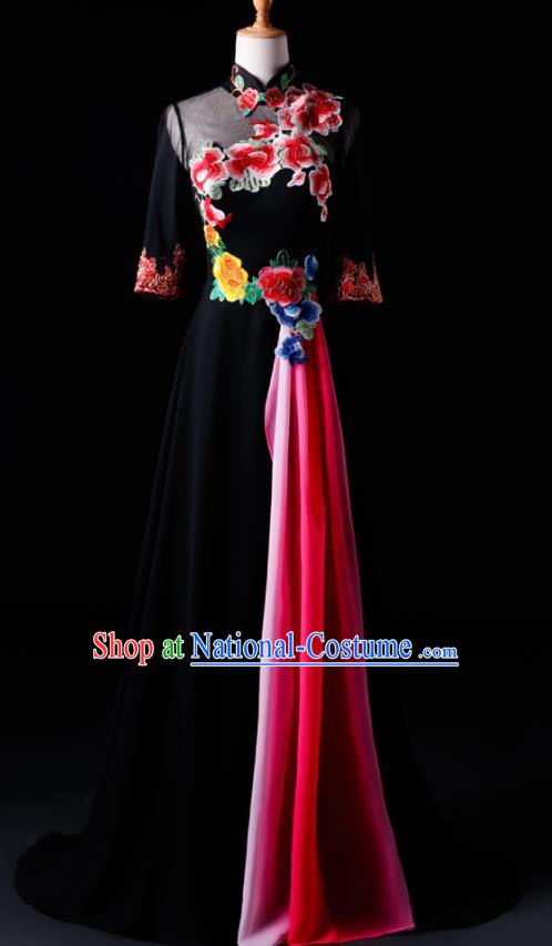 Chinese Traditional National Black Cheongsam Compere Chorus Costume Folk Dance Full Dress for Women