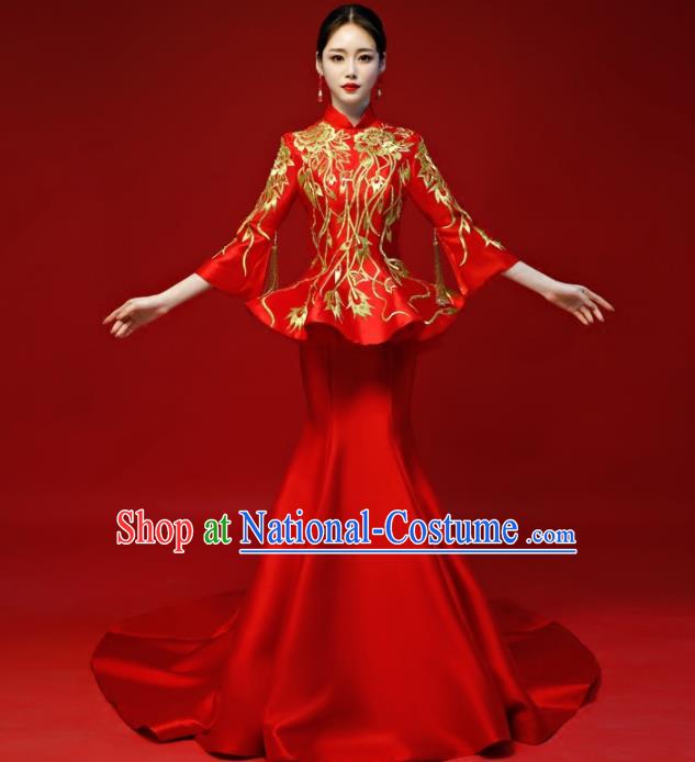 Chinese Traditional National Wedding Cheongsam Compere Chorus Costume Red Full Dress for Women