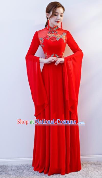 Chinese Traditional National Wedding Red Cheongsam Compere Chorus Costume Full Dress for Women