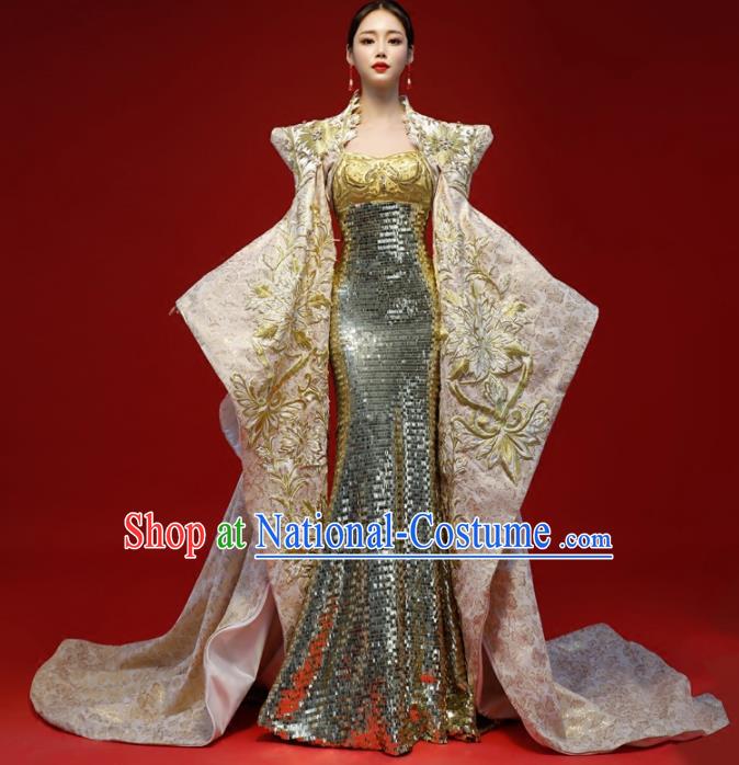 Top Grade Catwalks Golden Trailing Full Dress Compere Chorus Costume for Women