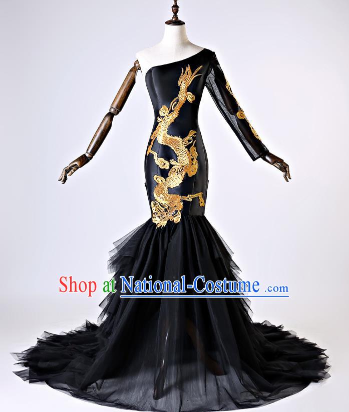 Chinese Traditional Black Veil Full Dress Compere Chorus Costume for Women