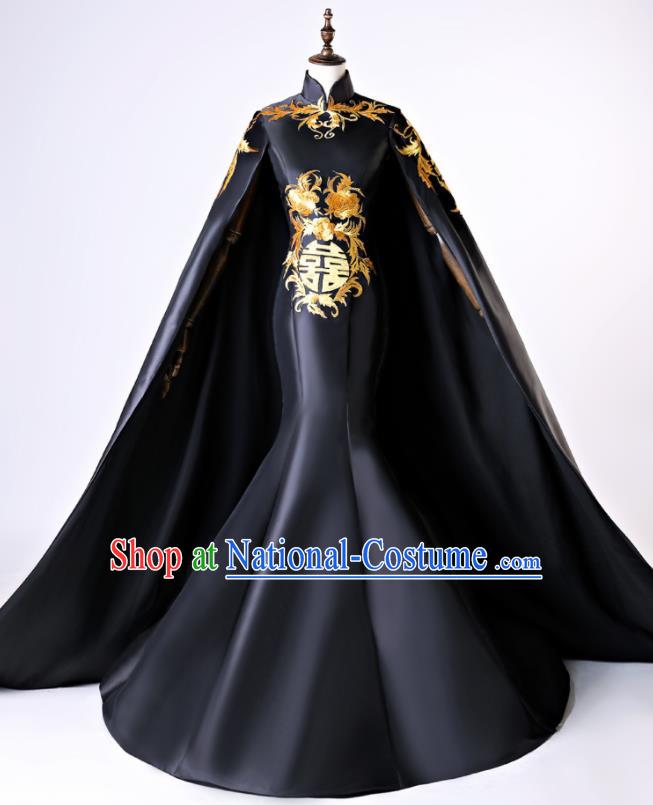 Chinese Traditional Peony Pattern Black Full Dress Compere Chorus Costume for Women