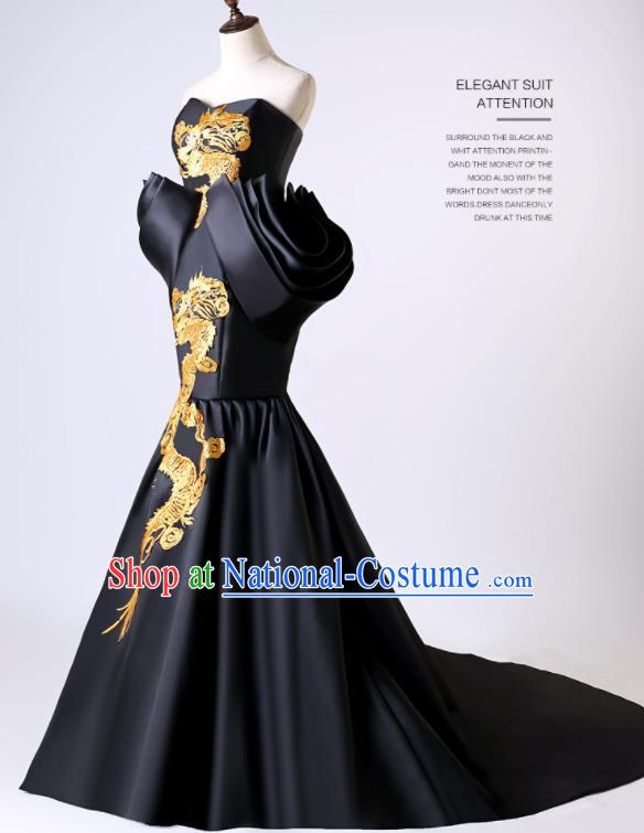 Chinese Traditional Dragon Pattern Black Full Dress Compere Chorus Costume for Women