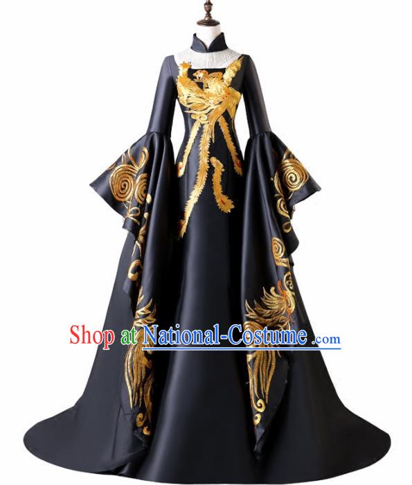 Chinese Traditional Phoenix Pattern Black Full Dress Compere Chorus Costume for Women