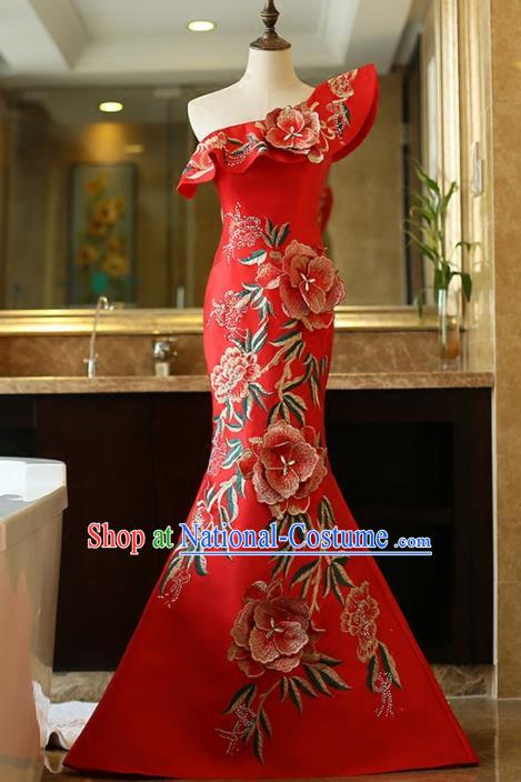 Chinese Traditional Compere Red Full Dress Embroidered Cheongsam Chorus Costume for Women