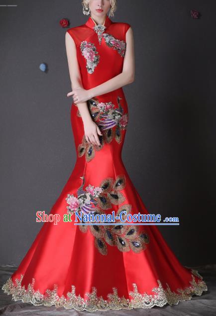 Chinese Traditional Compere Red Full Dress Embroidered Phoenix Cheongsam Chorus Costume for Women