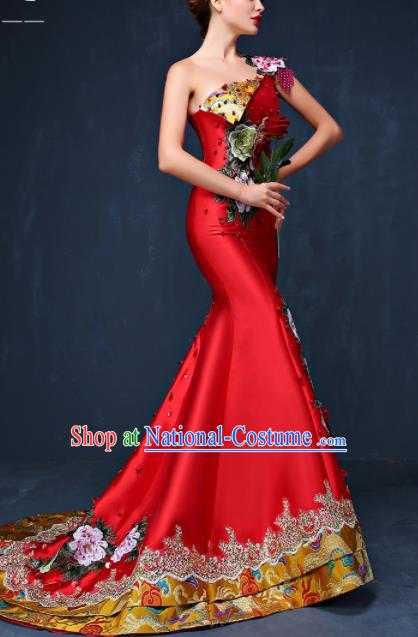 Chinese Traditional Compere Red Full Dress Embroidered Peony Cheongsam Chorus Costume for Women