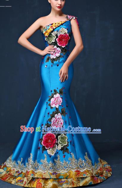 Chinese Traditional Compere Blue Full Dress Embroidered Peony Cheongsam Chorus Costume for Women