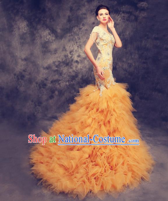 Chinese Traditional Compere Yellow Veil Full Dress Cheongsam Chorus Costume for Women