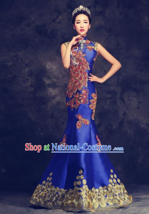 Chinese Traditional Compere Full Dress Royalblue Cheongsam Chorus Costume for Women