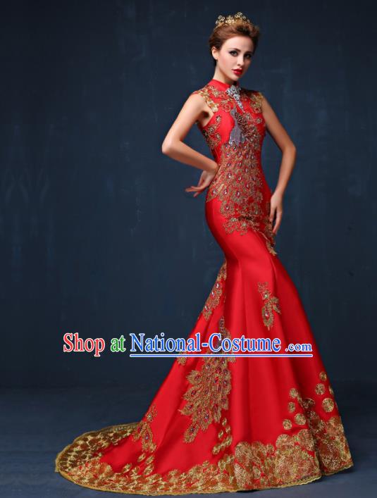 Chinese Traditional Compere Full Dress Red Cheongsam Chorus Costume for Women