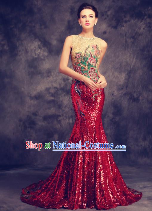 Chinese Traditional Compere Wine Red Full Dress Chorus Costume for Women