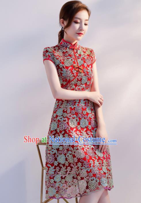 Chinese Traditional Full Dress Embroidered Cheongsam Compere Costume for Women